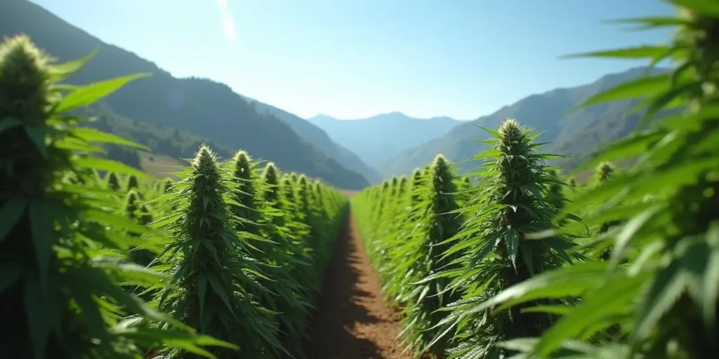 Reihe von Cannabispflanzen im Freien mit unterschiedlicher Wuchshöhe.