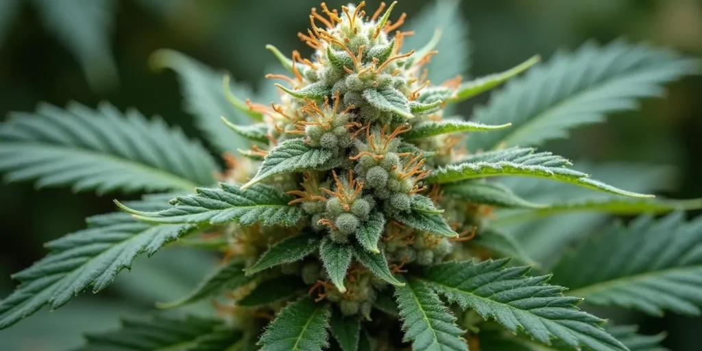 Nahaufnahme einer Auto CBD Med Go Blüte mit orangefarbenen Stempeln.