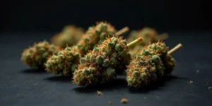 Cannabisblüten mit roten Spitzen auf dunklem Hintergrund.