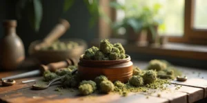 Offener Grinder mit Cannabisblüten und Kief auf Holztisch.