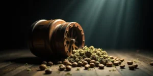 Holzgrinder mit Cannabisresten und Samen auf dunklem Holztisch.