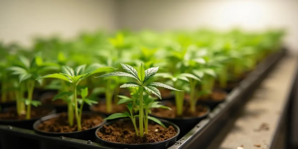 Mehrere Cannabissetzlinge in Töpfen für Growbox 100x100x200.