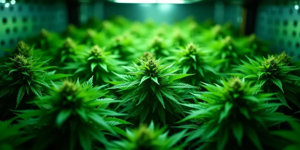 Cannabispflanzen unter LED-Licht in Growbox mit 100x100x200 cm.