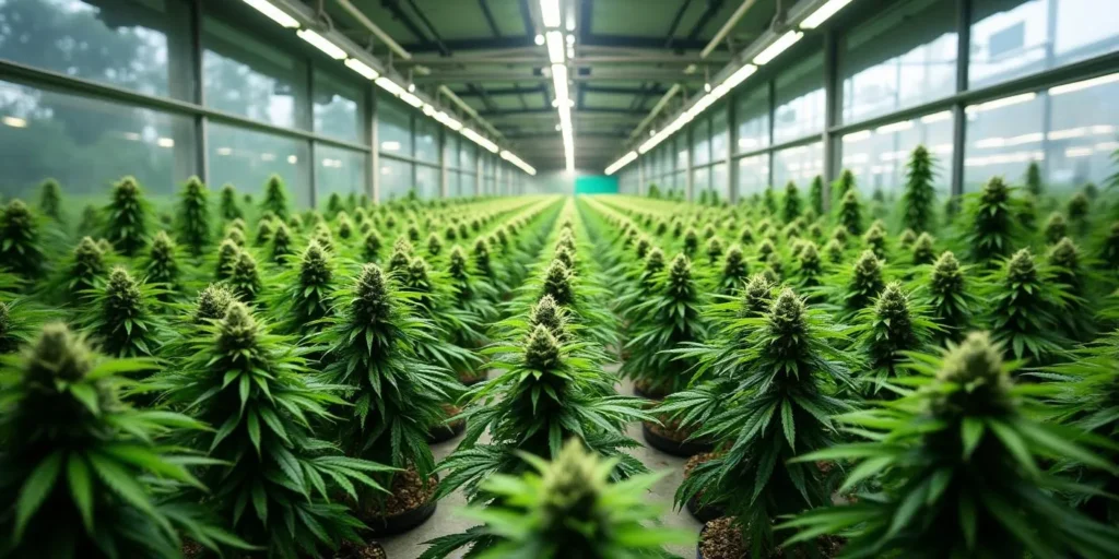 Dicht bepflanzte Cannabisreihen als Beispiel für Anbaumethoden.