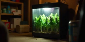 Kleine Growbox mit Pflanzen und Licht zur Erhöhung der Luftfeuchtigkeit.