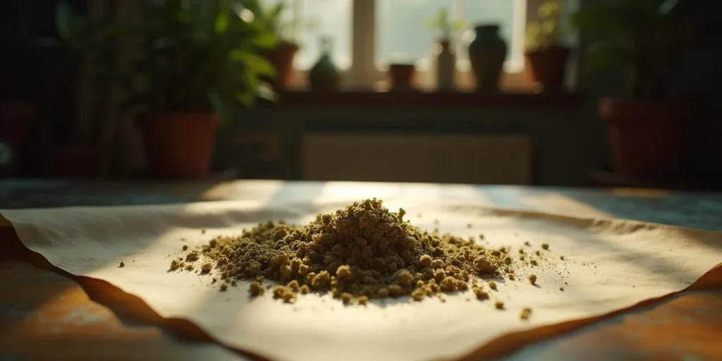 Kief auf Backpapier als Rohmaterial für die Hash Herstellung.