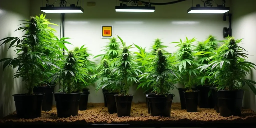 Auto CBD Med Go Pflanzen unter LED-Licht im Indoor-Growraum.