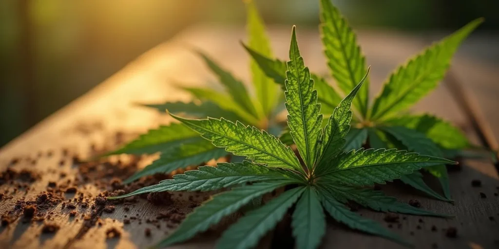 Cannabisblätter mit potenziellen Schäden auf Holzuntergrund.