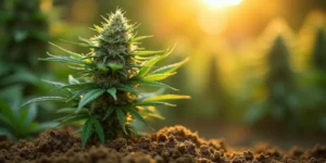 Gesunde Cannabispflanze wächst in Kokoserde bei Sonnenlicht.