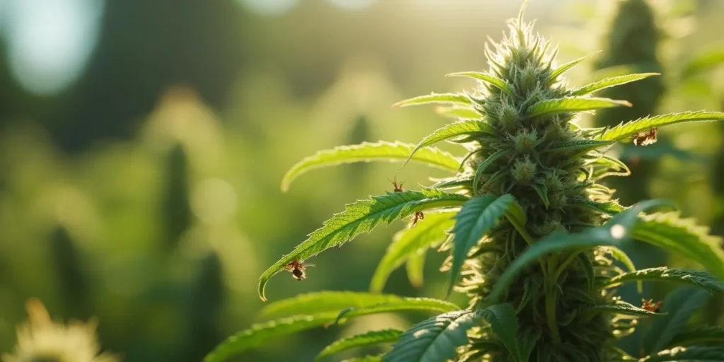 Insekten sitzen auf den Blättern einer blühenden Cannabispflanze.