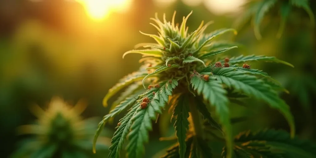 Cannabisblätter mit sichtbarem Lausbefall bei Sonnenuntergang.