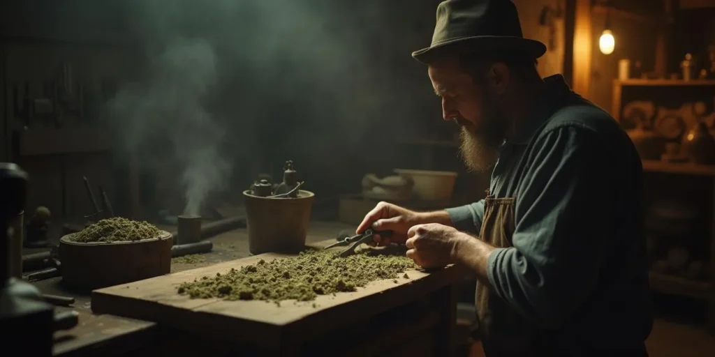 Mann presst Kief manuell zur traditionellen Hash Herstellung.