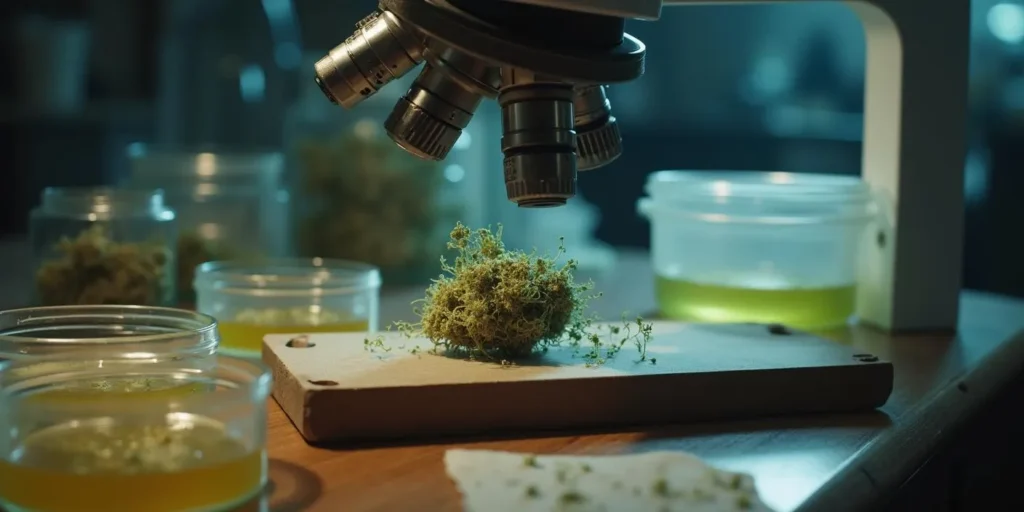 Cannabisblüte unter Mikroskop im Labor zur Schimmelanalyse.