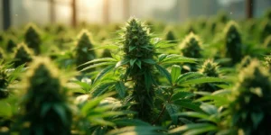 Cannabispflanze in Blütephase, gedüngt mit Phosphorpräparat.