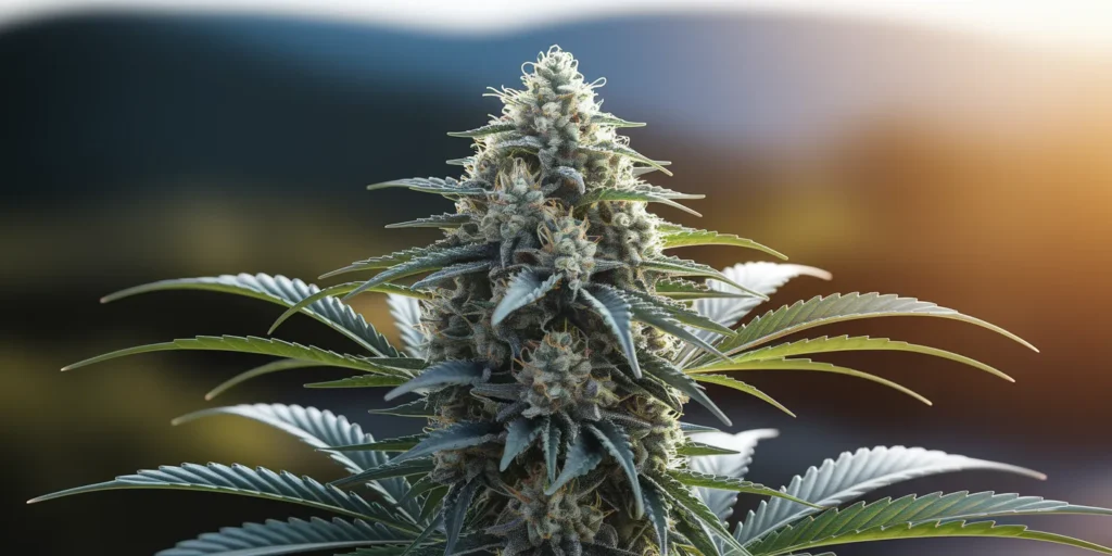 BC God Bud Regulär Cannabispflanze im Freien bei Sonnenuntergang.