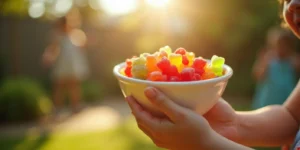 Kind hält eine Schale mit bunten THC Gummibärchen im Sonnenlicht.