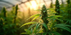 Cannabispflanze bei Sonnenaufgang, gestärkt durch Brennnesseljauche.