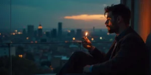 Mann zündet Tabak Ersatz Joint bei Sonnenuntergang an.