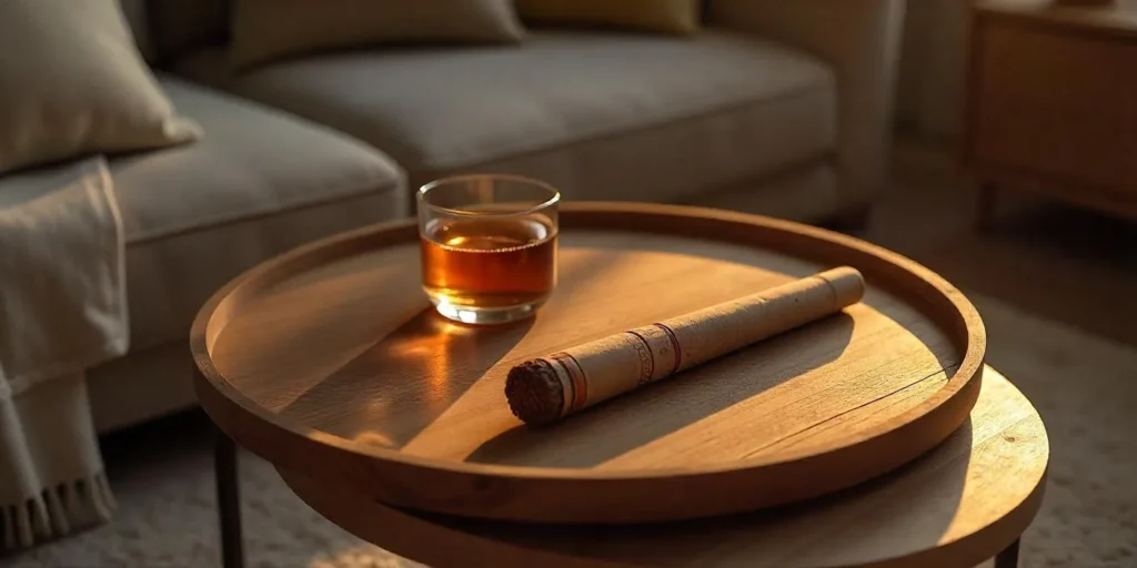 Tabak Ersatz Joint mit Drink auf Holztisch im Wohnzimmer.