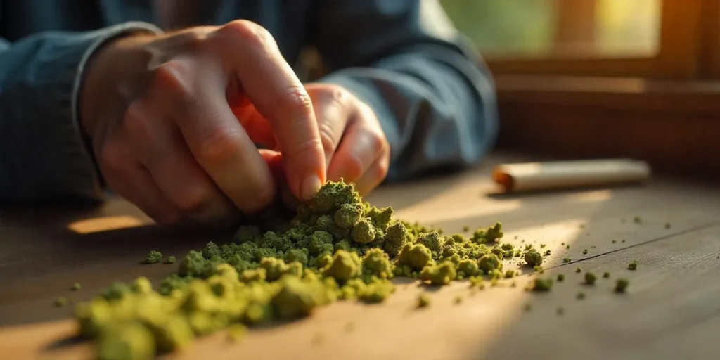 Hände bereiten Tabak Ersatz Joint mit Cannabisblüten vor.