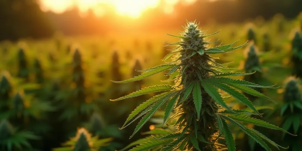 Cannabispflanze im Sonnenuntergang auf einem Outdoor-Feld.