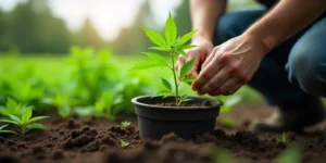 Cannabispflanze wird vorsichtig in einen größeren Topf umgetopft.
