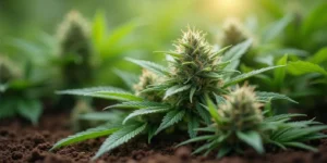 Nahaufnahme einer Cannabispflanze mit dünnem, wenig entwickeltem Bud.