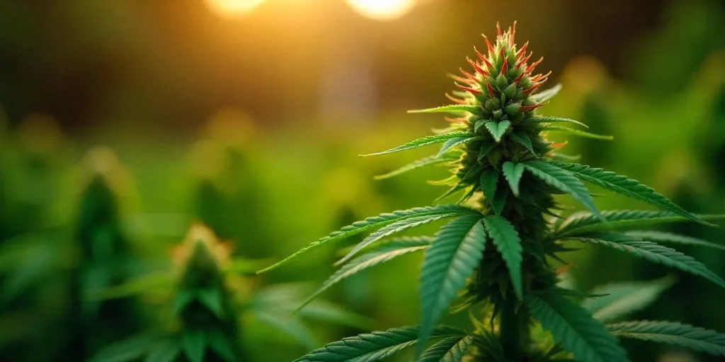 Cannabispflanze mit roten Spitzen im Sonnenuntergang.