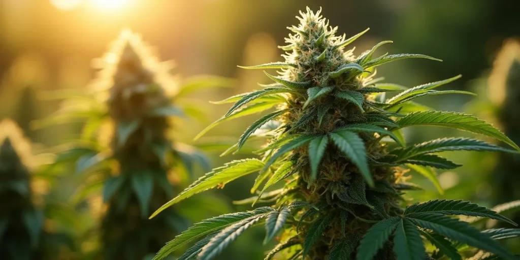 Blühende Cannabispflanze mit dichtem Wuchs, aber geringer Höhe.