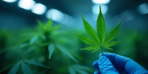 Cannabisblatt mit weißen Punkten unter Laborlicht.