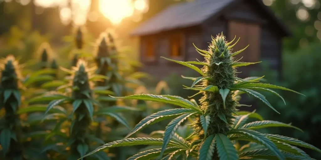 Cannabispflanzen blühen zu früh auf einem Feld nahe einer Holzhütte bei Sonnenuntergang.