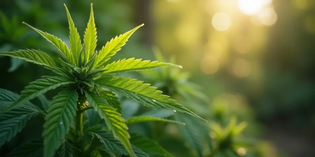 Frisches Cannabisblatt im frühen Wachstumsstadium im Sonnenlicht.