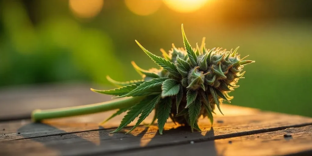 Abgebrochener Haupttrieb einer Autoflower mit sichtbarer Blüte.