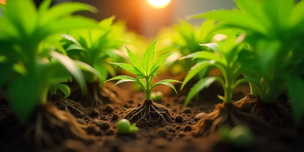 Junge Cannabispflanze mit sichtbaren Adventivwurzeln.