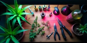Werkzeuge, Aloe Vera und Cannabis-Stecklinge: Aloe Vera zur Bewurzelung von Cannabis.