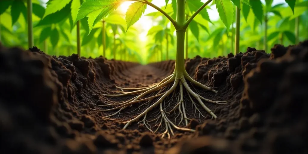 Ausgedehntes Wurzelsystem bei reifer Cannabispflanze, optimale Verankerung und Nährstoffaufnahme.