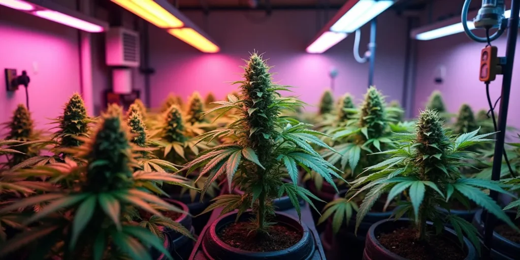 Auto CBD Pineapple Pflanzen unter LED-Licht im Growzelt.