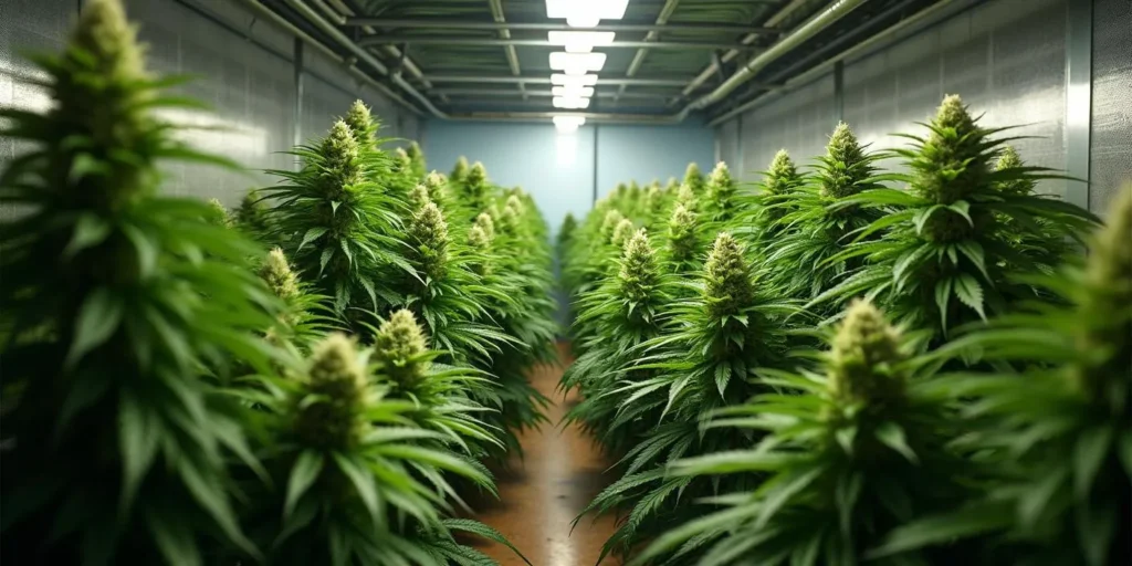 Auto CBD Pineapple Pflanzen in einem beleuchteten Growraum.