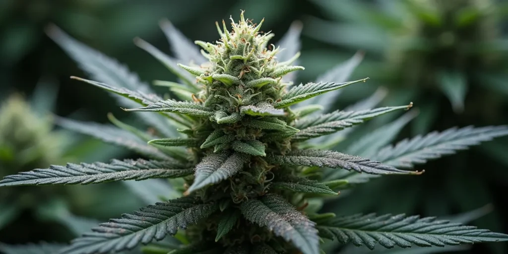 Nahaufnahme der Auto CBD Pineapple Blüte mit Trichomen.