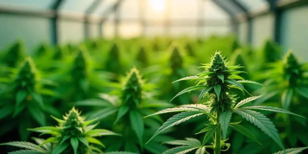 Autoflower-Pflanzen im Gewächshaus mit starkem zentralem Haupttrieb.