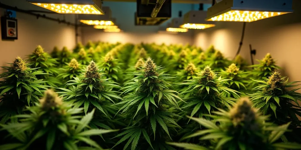 Banana Kush Auto Pflanzen unter LED-Licht im Indoor-Grow.