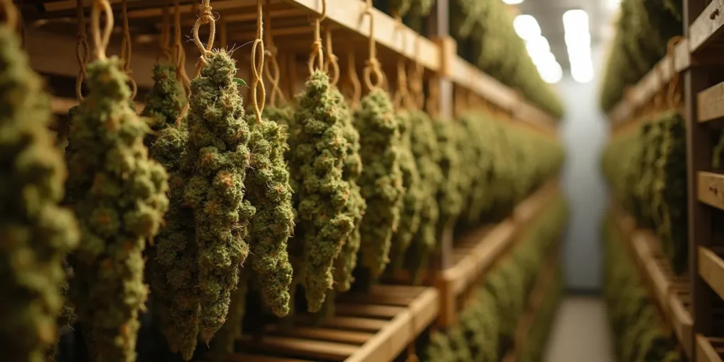 Banana Kush Auto Blüten hängen kopfüber in einem Trockenraum.