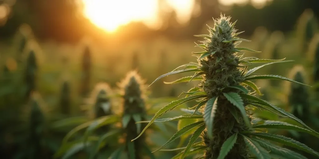 Ausgewachsene, blühende Cannabispflanze im Feld, spätes Wachstumsstadium.