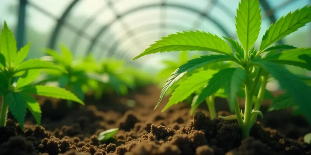 Adventivwurzeln bei Cannabis im Gewächshaus sichtbar.