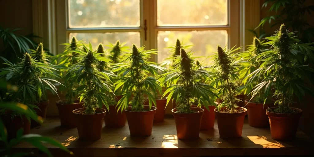Mehrere Cannabis-Pflanzen vor einem Fenster im Sonnenlicht.