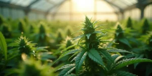 Cannabis Blätter im Gewächshaus mit Wasser besprüht.