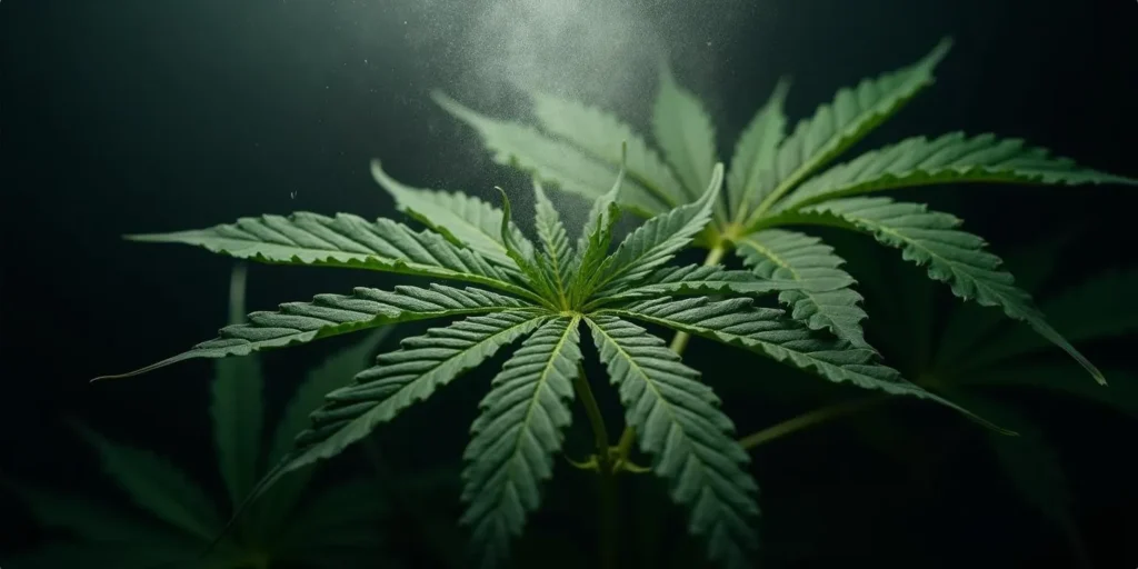 Cannabis Blätter nachts mit Wasser besprühen zur Pflege.