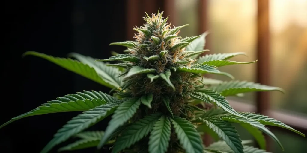 Cannabis Blüte am Fenster, potenziell gefährdet durch Schimmel.