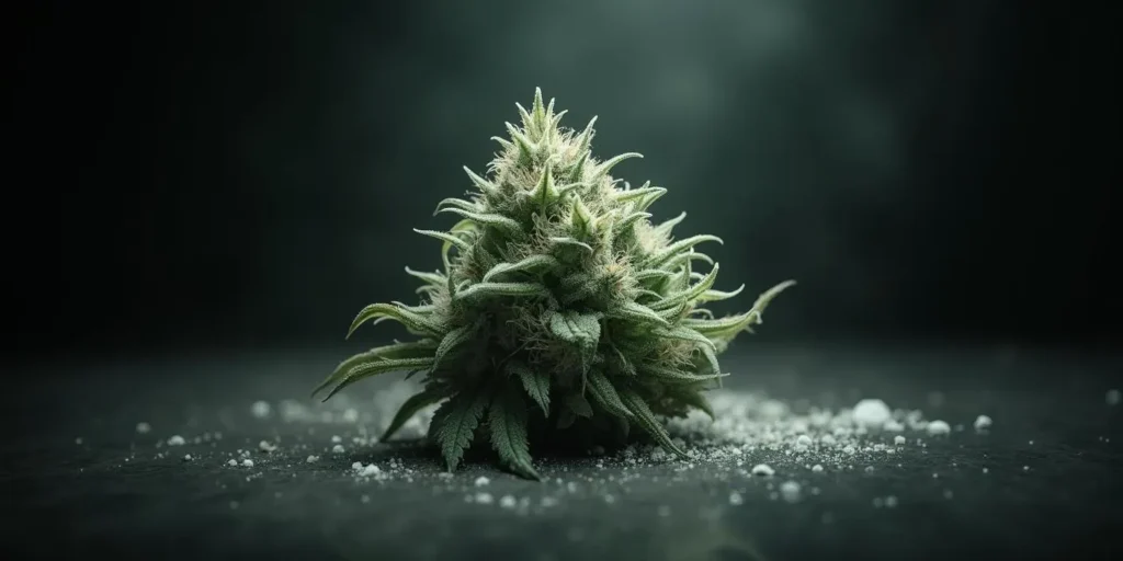 Cannabis Bud mit sichtbarem Schimmelbefall auf dunklem Untergrund.