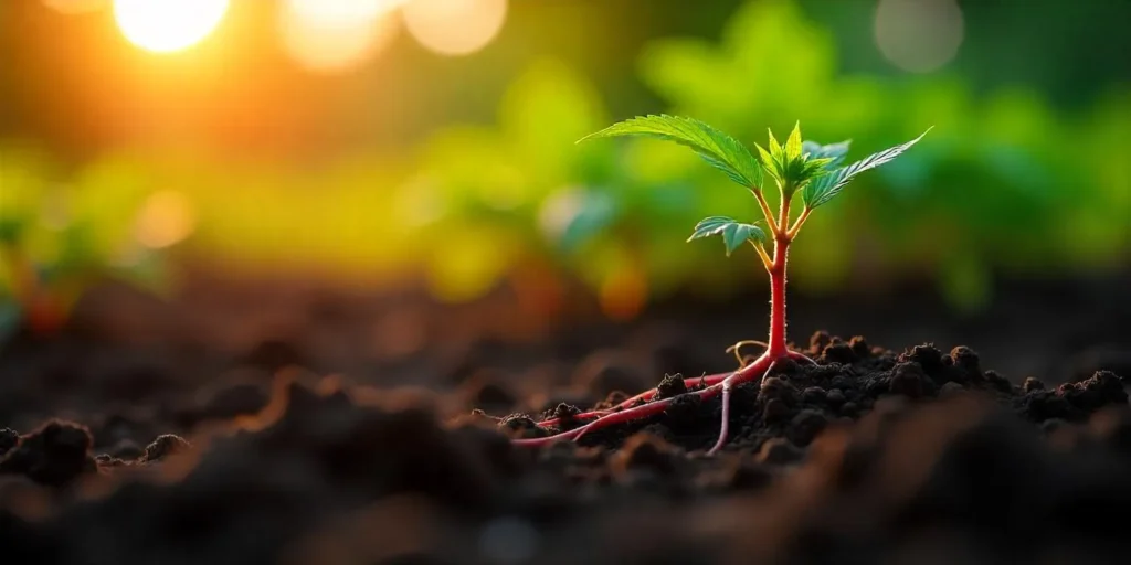 Rote Wurzeln bei Cannabis-Jungpflanze im Außenanbau.